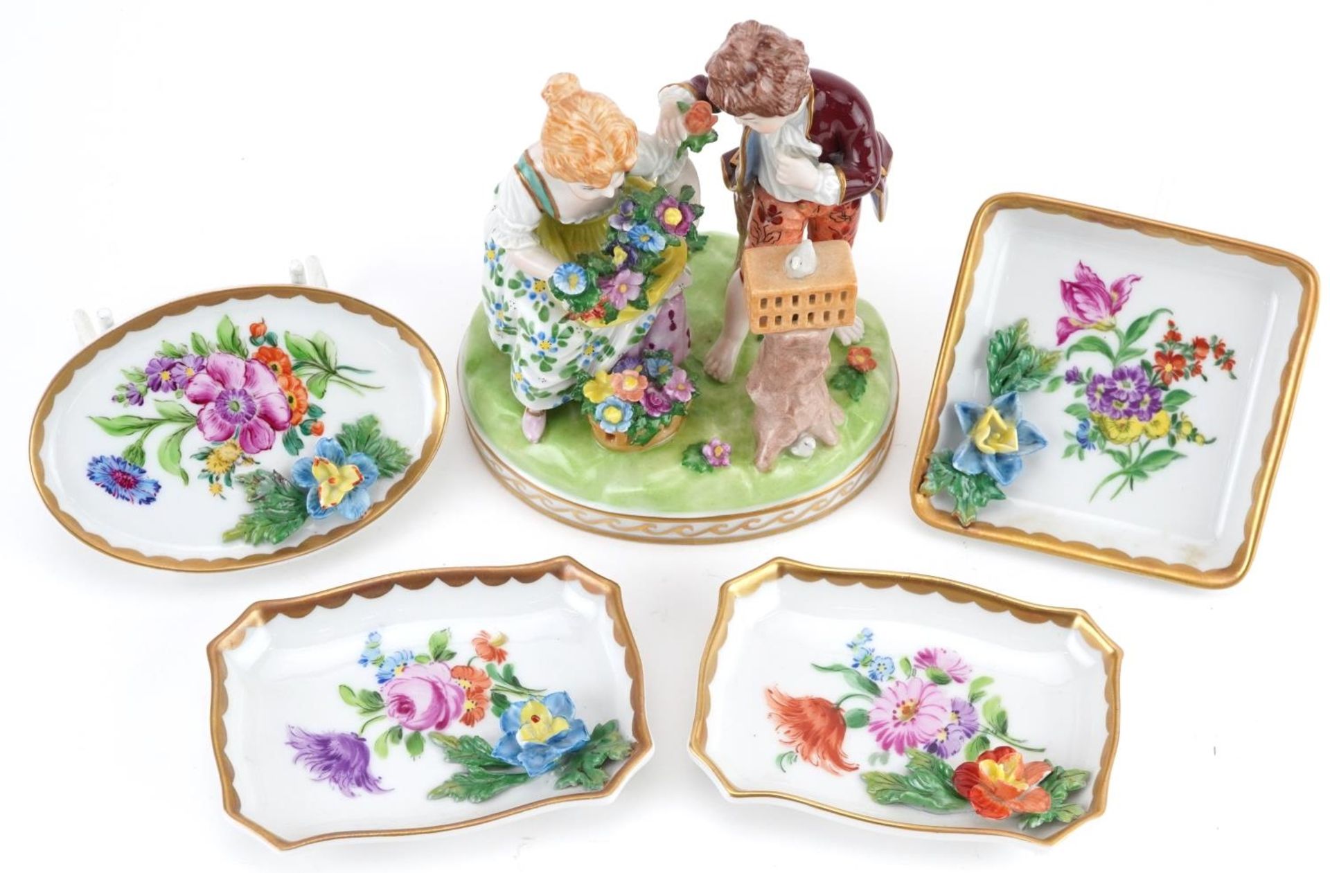 Dresden, German porcelain including a summer figure group of a young boy and girl holding flowers - Image 4 of 6