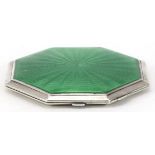 Crisford & Norris Ltd, Art Deco silver and green guilloche enamel compact, Birmingham 1934, 8cm