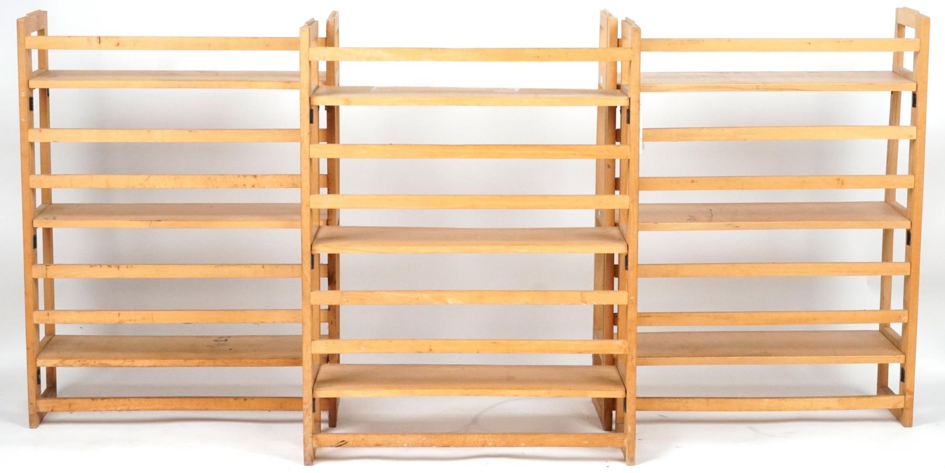 Three folding lightwood three shelf bookcases, each 91cm H x 72cm W x 29.5cm D - Image 3 of 4