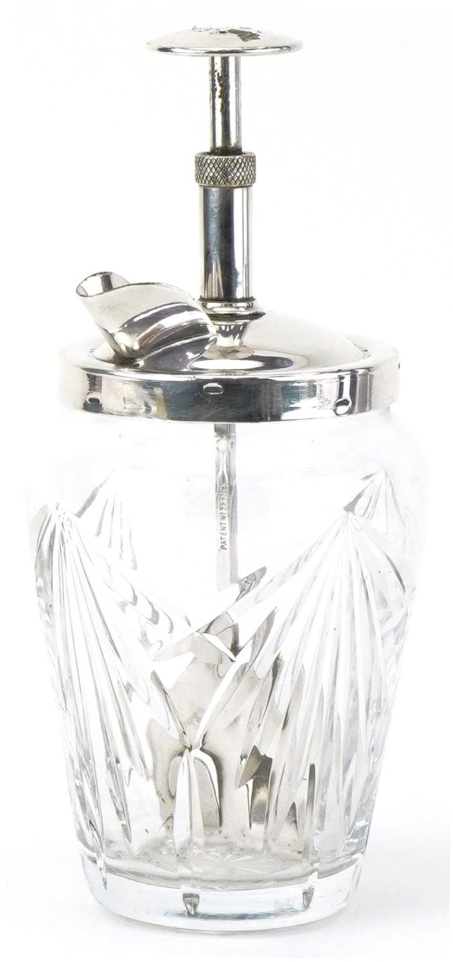 Art Deco cut glass cocktail stirrer with silver plated mounts, patent number 398324, 24cm high