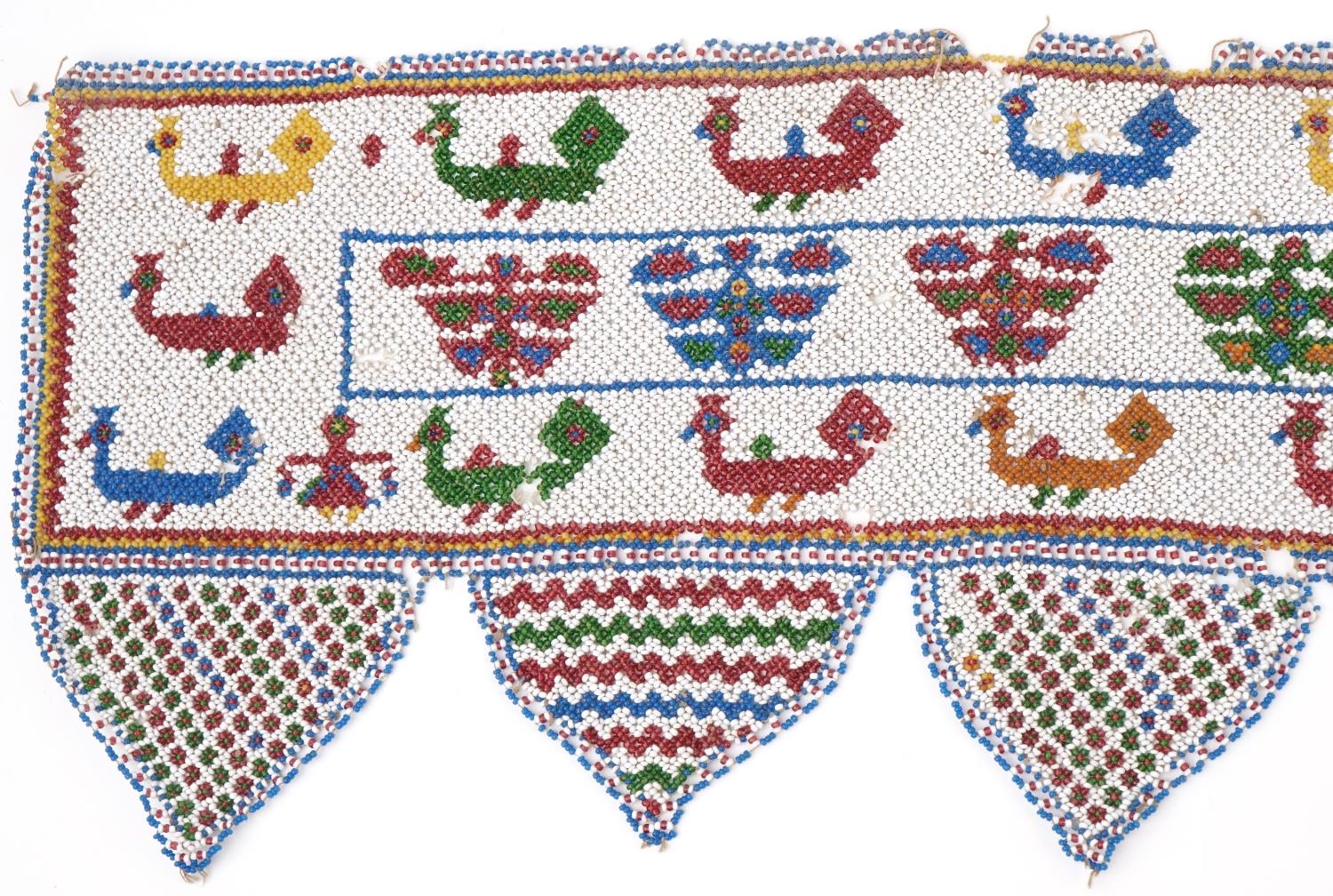 Antique African beadwork banner decorated with animals and flowers, 138cm wide - Image 2 of 6