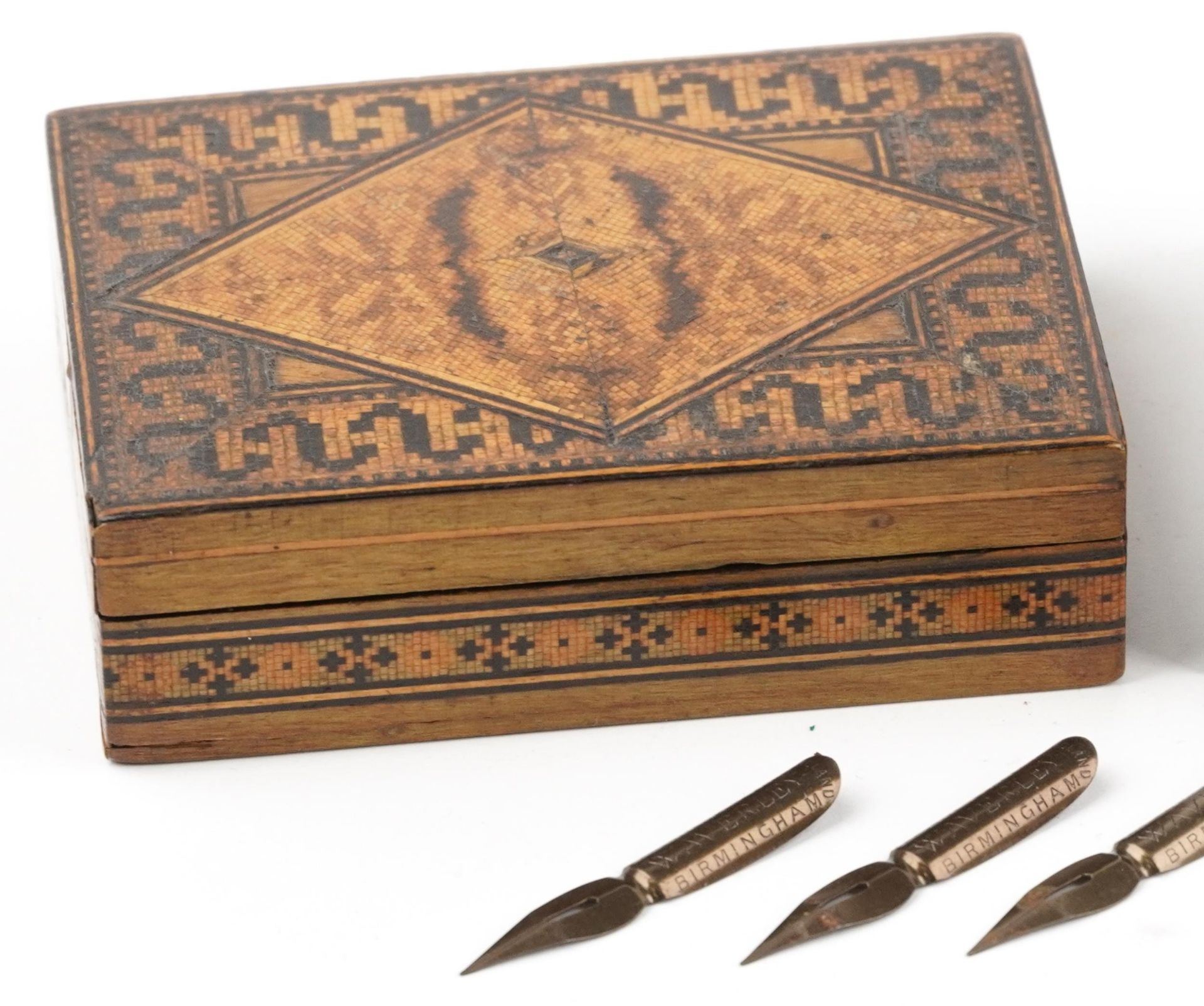 Three Victorian wooden Tunbridge Ware boxes including a stamp box example, the largest 2.5cm H x 8. - Image 2 of 3