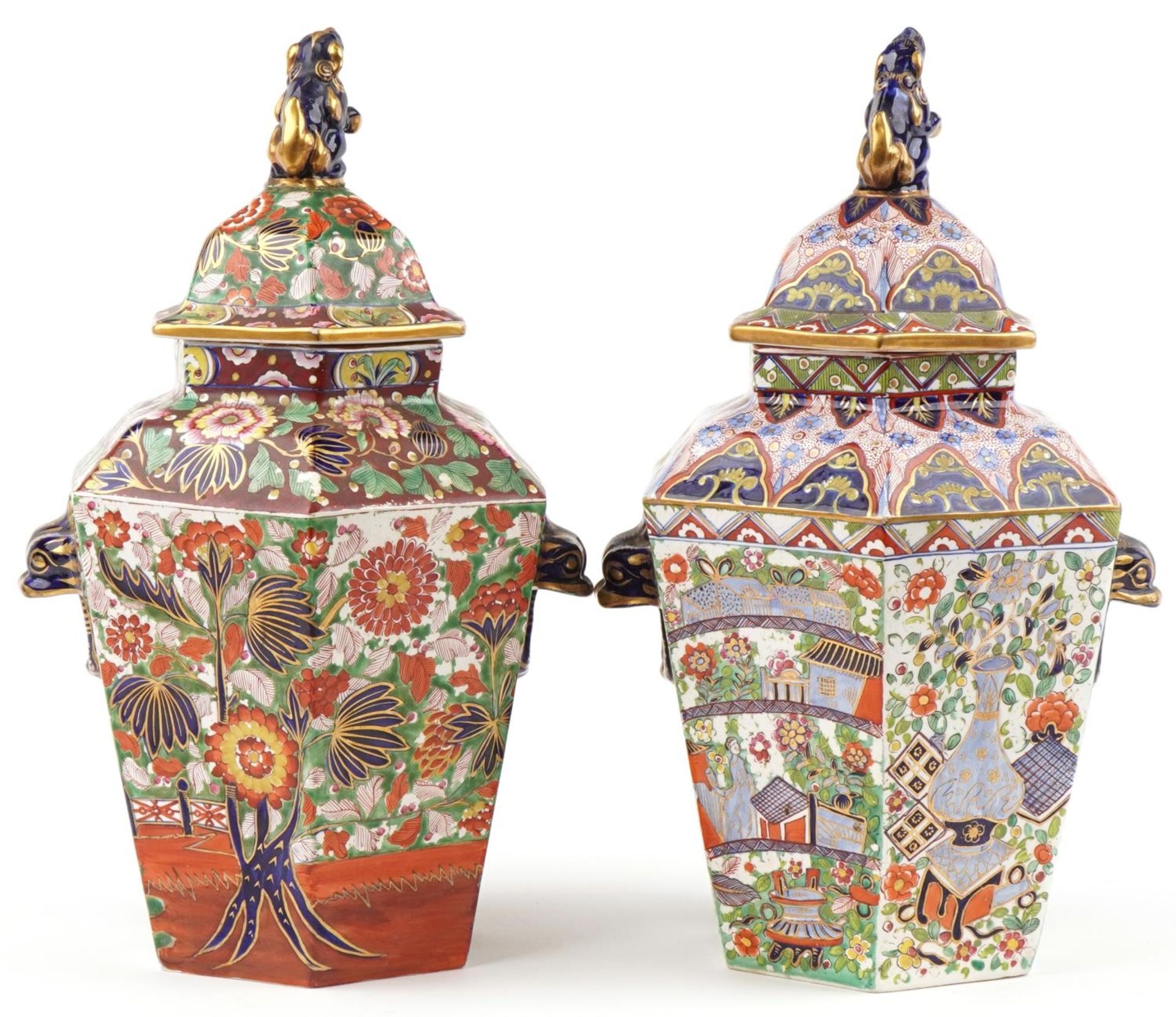 Two Victorian Staffordshire pottery ginger jars and covers hand painted in the Mason style - Image 5 of 8
