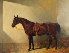 J F Herring Sen. 1846 - Bobby, horse in a stable, oil onto mahogany panel mounted in gilt frame,