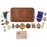 Military interest badges including ATS for Home & Country together with a leather cigarette case and