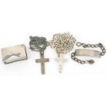 Silver and white metal jewellery and objects comprising two cross pendants on chains, 9ct gold St