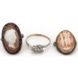 Antique and later jewellery comprising cameo and garnet ring, 9ct gold and silver three stone