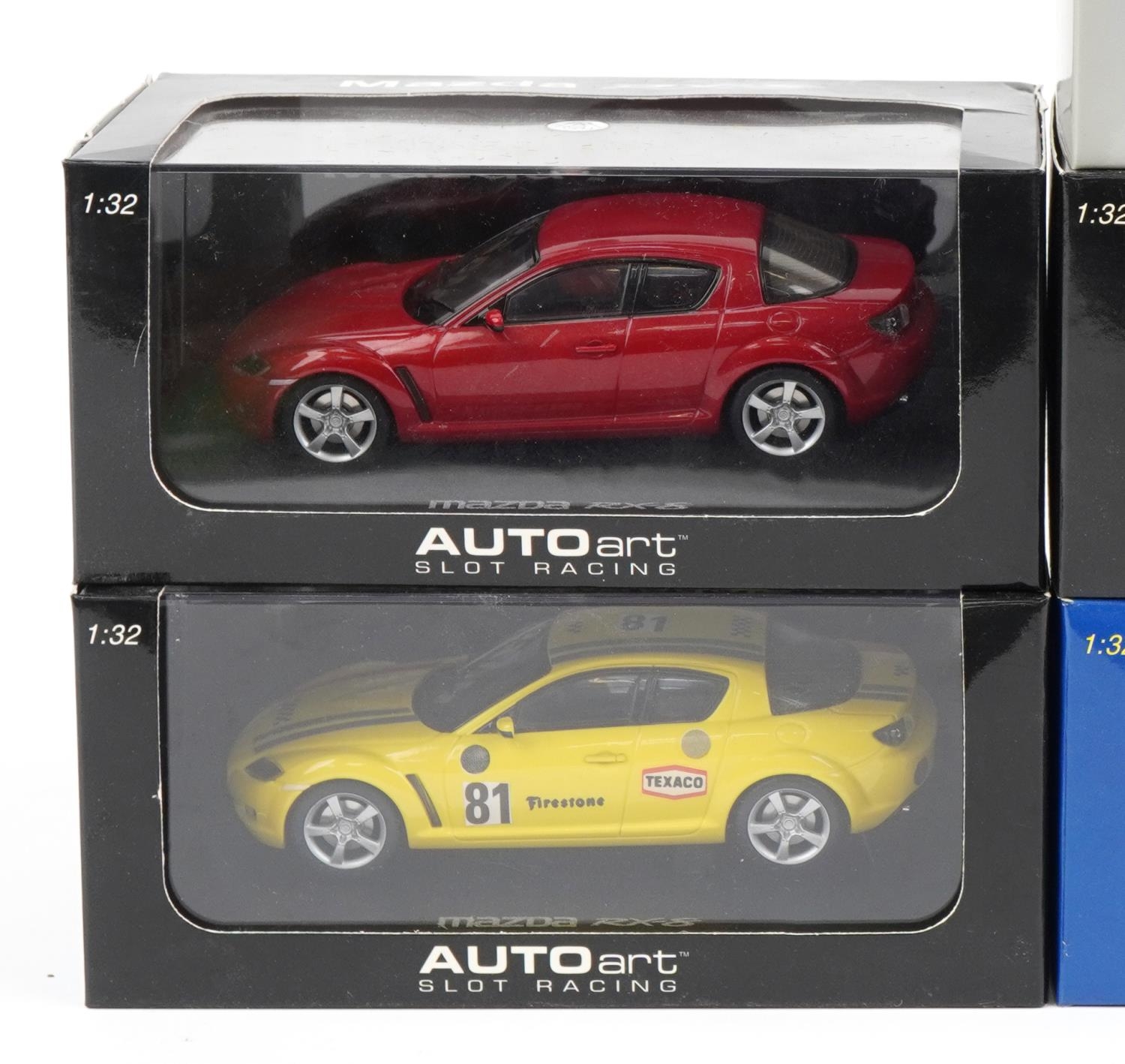 Eight 1:32 scale model slot cars with boxes and cases including Fly Lancia Beta, Autoart Mazda RX8 - Image 2 of 3