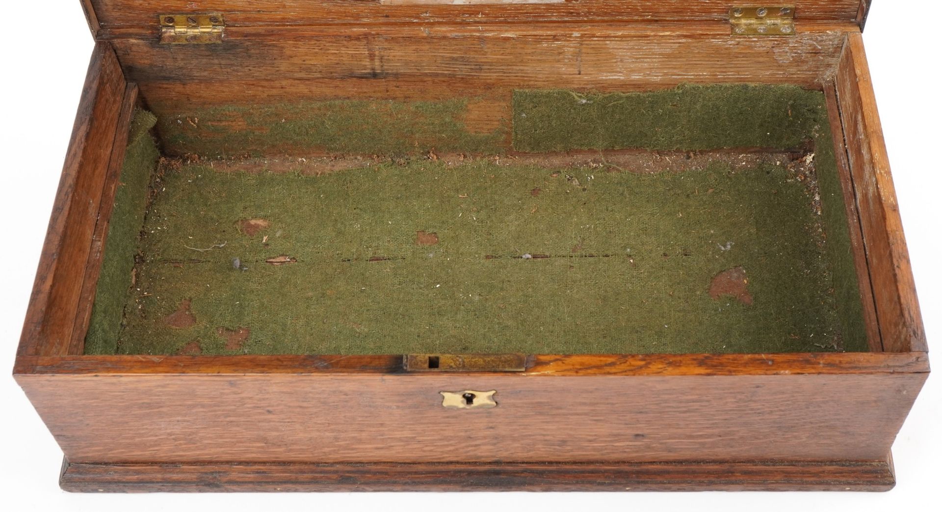 19th century oak workbox with fitted lift out interior and brass carrying handles, 14.5cm H x 48cm W - Bild 3 aus 6