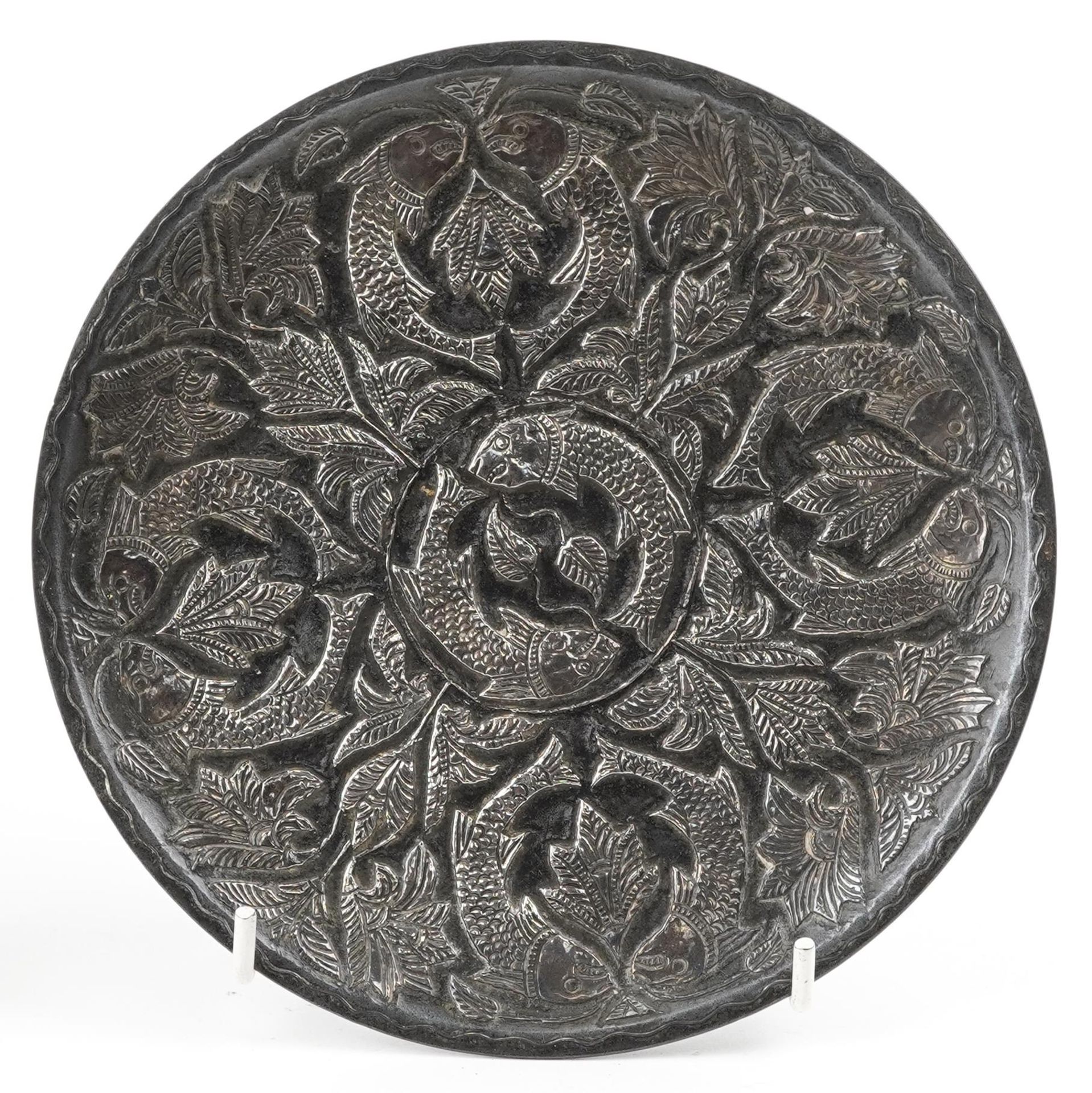 Islamic copper silver overlaid tray decorated with fish and flowers, Indian brass tray decorated - Image 4 of 5