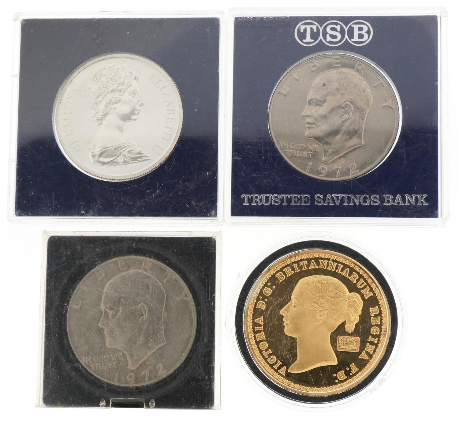 Two 1972 Liberty Dollars, silver wedding dollar and a silver copy of a Queen Victoria five pound - Image 4 of 6