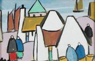 Manner of Markey Robinson - Figures before cottages and boats in water, Irish school gouache on