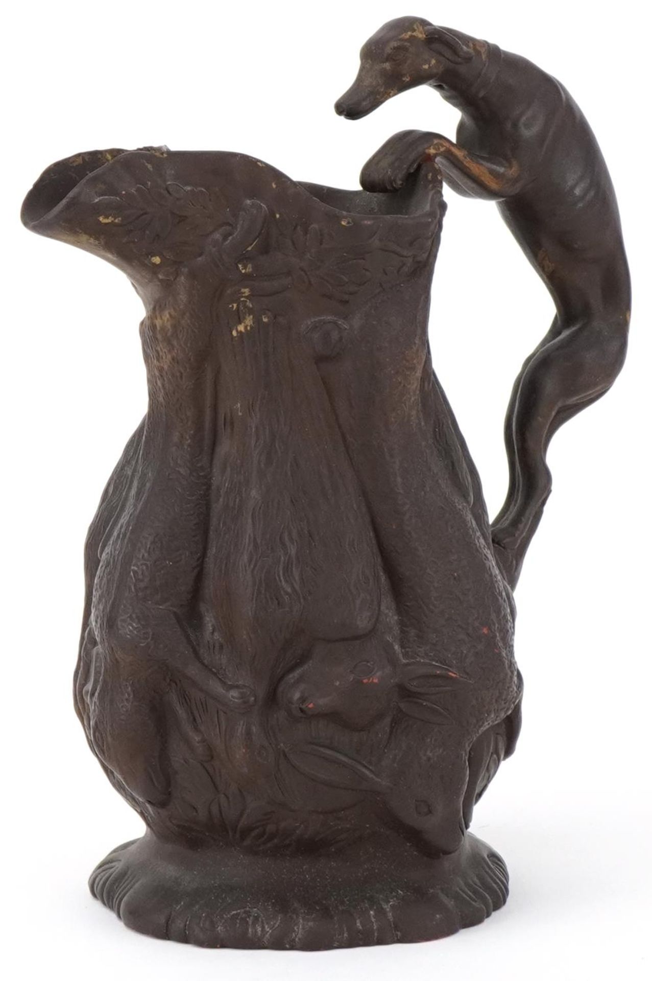 Victorian Wilhelm Schiller & Sons pottery hunting jug with greyhound design handle, 19cm high