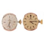 Omega, two ladies manual wind wristwatch movements numbered 33685738 and 21037302, each 13mm in