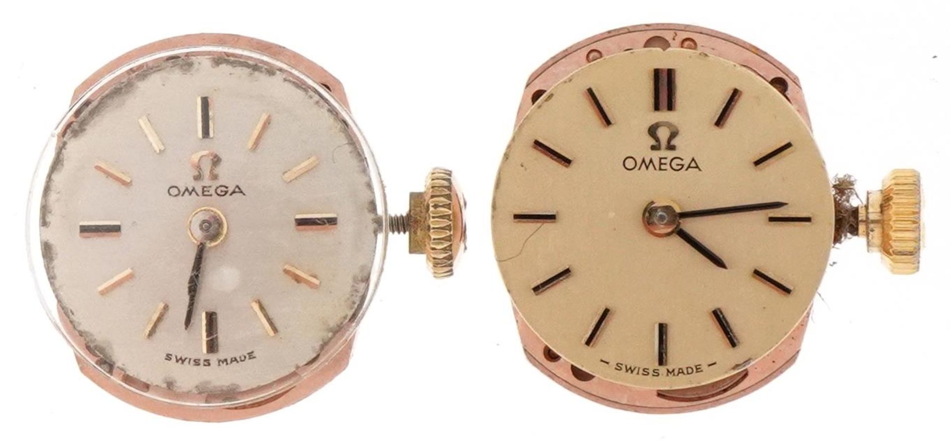 Omega, two ladies manual wind wristwatch movements numbered 33685738 and 21037302, each 13mm in