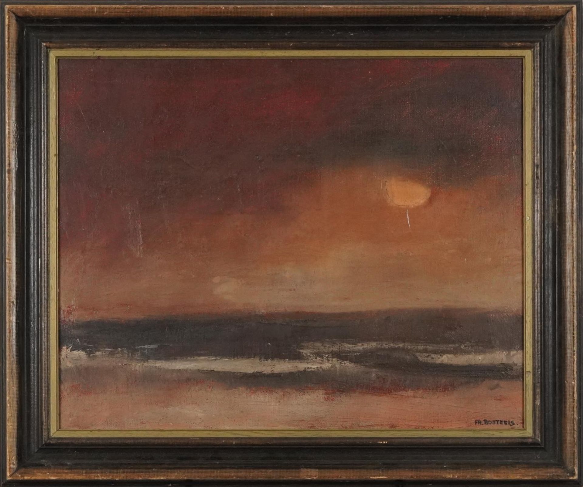 Fritz Bosteels - Atmospheric seascape, inscription and label verso, mounted and framed, 48cm x - Bild 2 aus 5