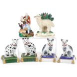 Chelsea and Staffordshire style porcelain figures and animals including two pairs of cats and a