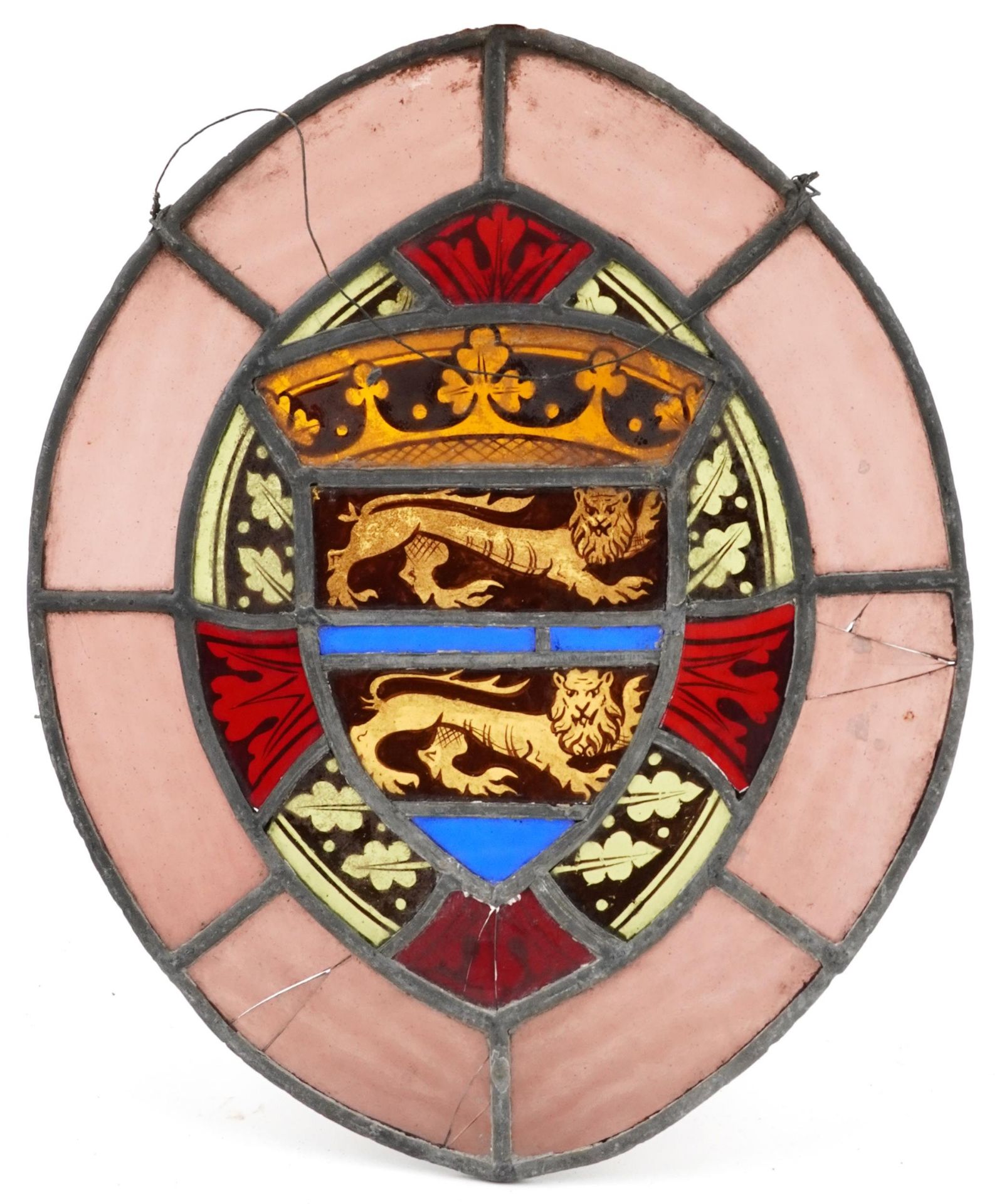 Four Danish leaded stained glass Heraldic Coat of Arms including one with lions and a bear, the - Bild 7 aus 9