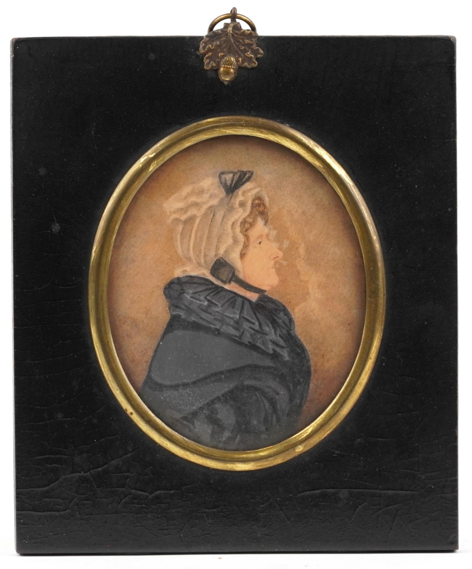 Pair of Georgian oval hand painted portrait miniatures of a male and female housed in ebonised - Image 4 of 10