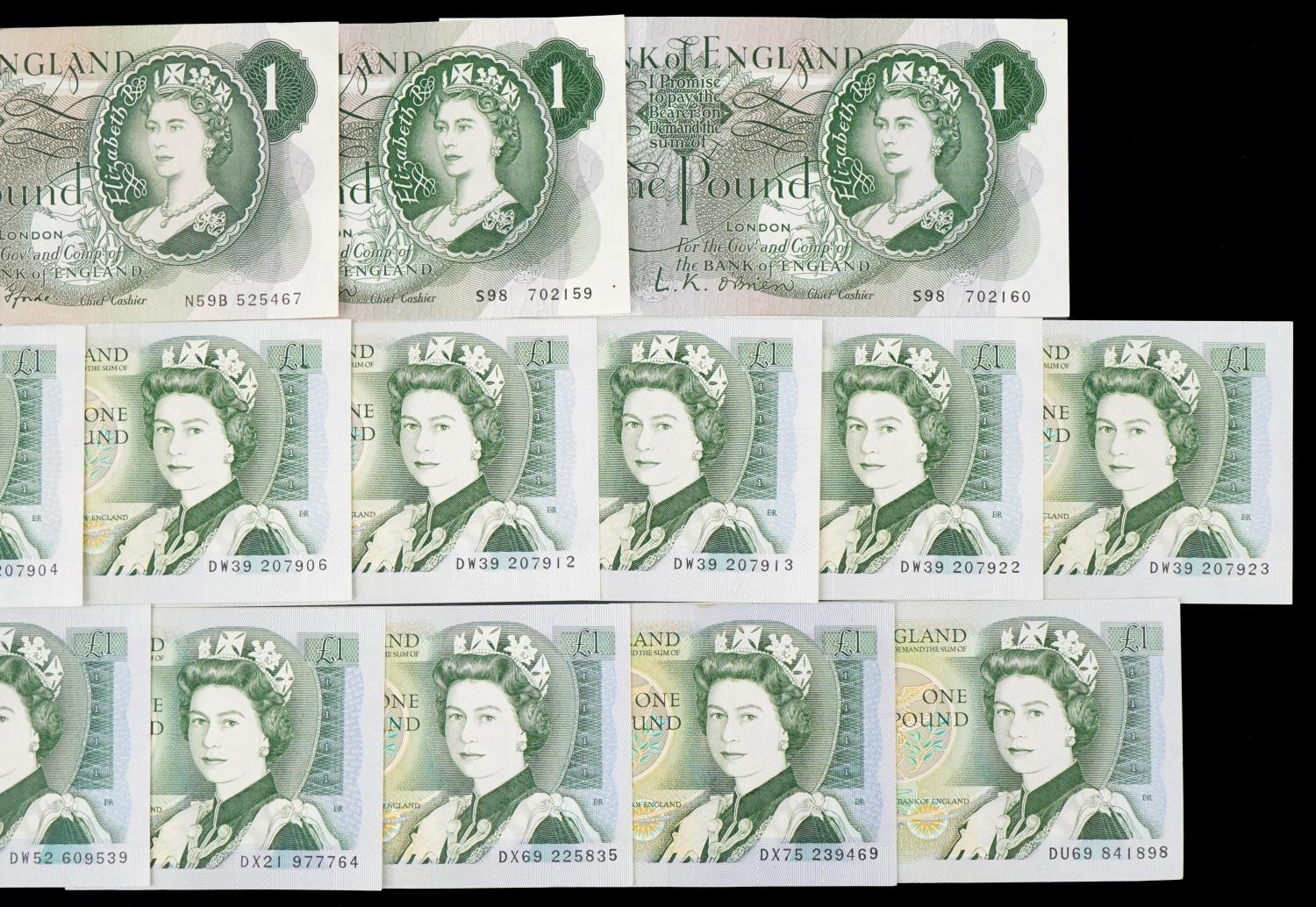 Fourteen Bank of England one pound banknotes, various cashiers - Image 3 of 3