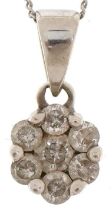 9ct white gold diamond flower head pendant on a 9ct white gold necklace, total diamond weight