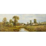 G Leader - Mother with children beside a river before cottages, late 19th century panoramic oil on