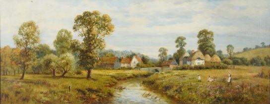 G Leader - Mother with children beside a river before cottages, late 19th century panoramic oil on