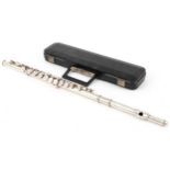 I M Grassi, Italian silver plated three piece flute housed in a fitted case, numbered 5136