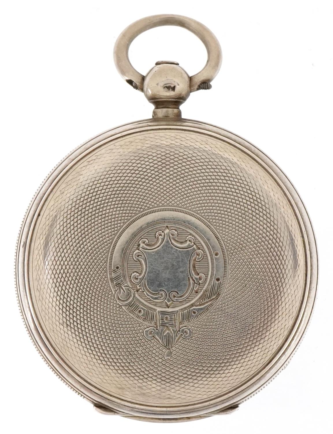 Victorian gentlemen's silver open face key wind pocket watch with key having enamelled and - Image 3 of 5