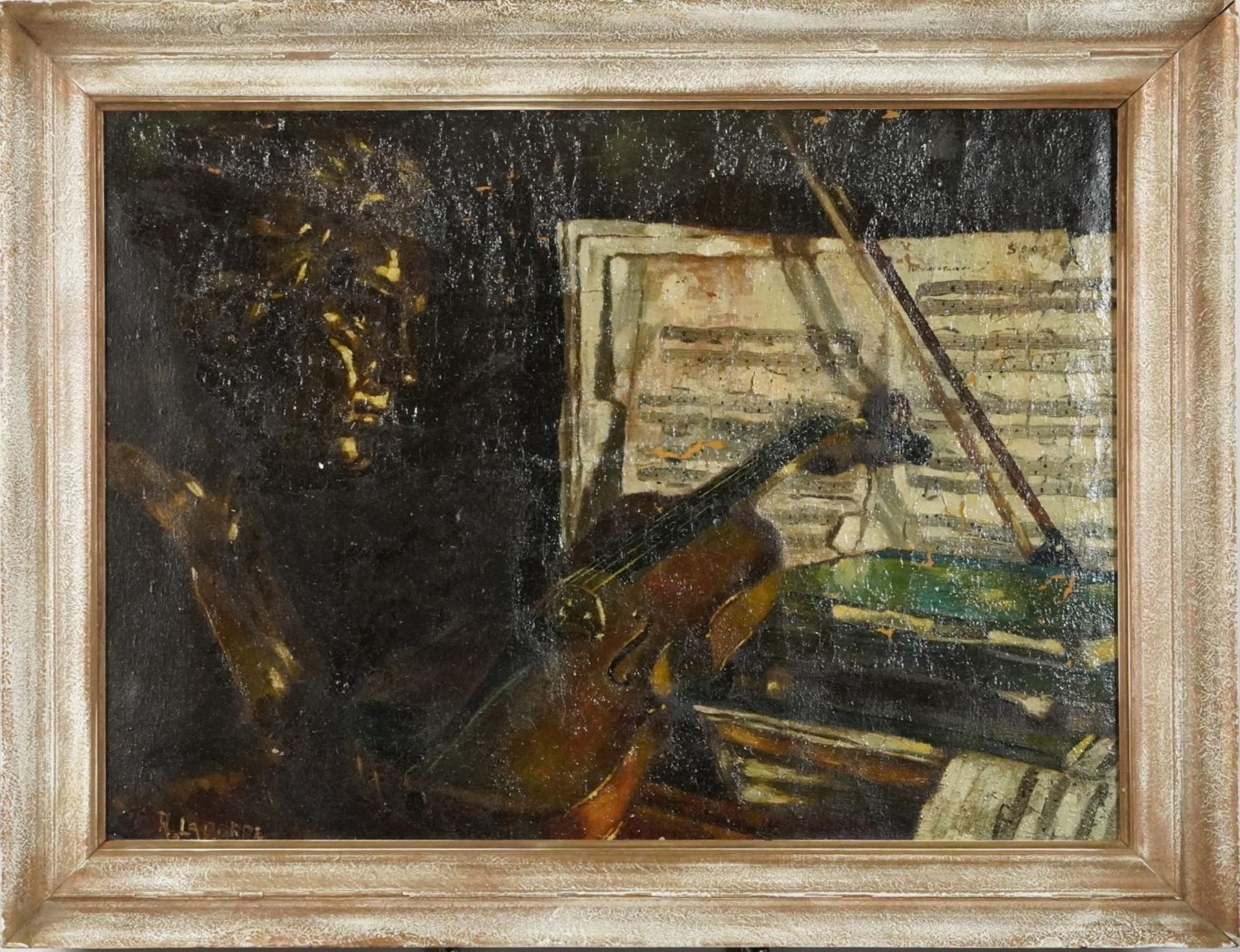 Still life bust with instrument and sheet music, continental school oil on canvas laid on board, - Image 2 of 4