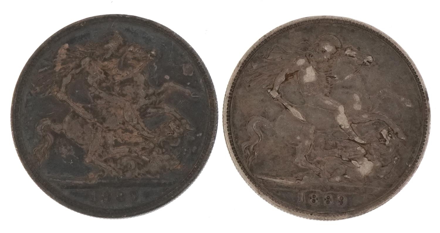 Two Victorian silver crowns 1887 and 1889 - Image 2 of 3