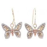 Pair of 9ct three tone gold butterfly drop earrings, each 2.3cm high, total 0.6g