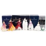 Seven Royal Doulton figurines, four with boxes, including Good Companion HN3608, Summer Scent HN3955