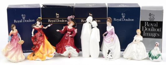 Seven Royal Doulton figurines, four with boxes, including Good Companion HN3608, Summer Scent HN3955