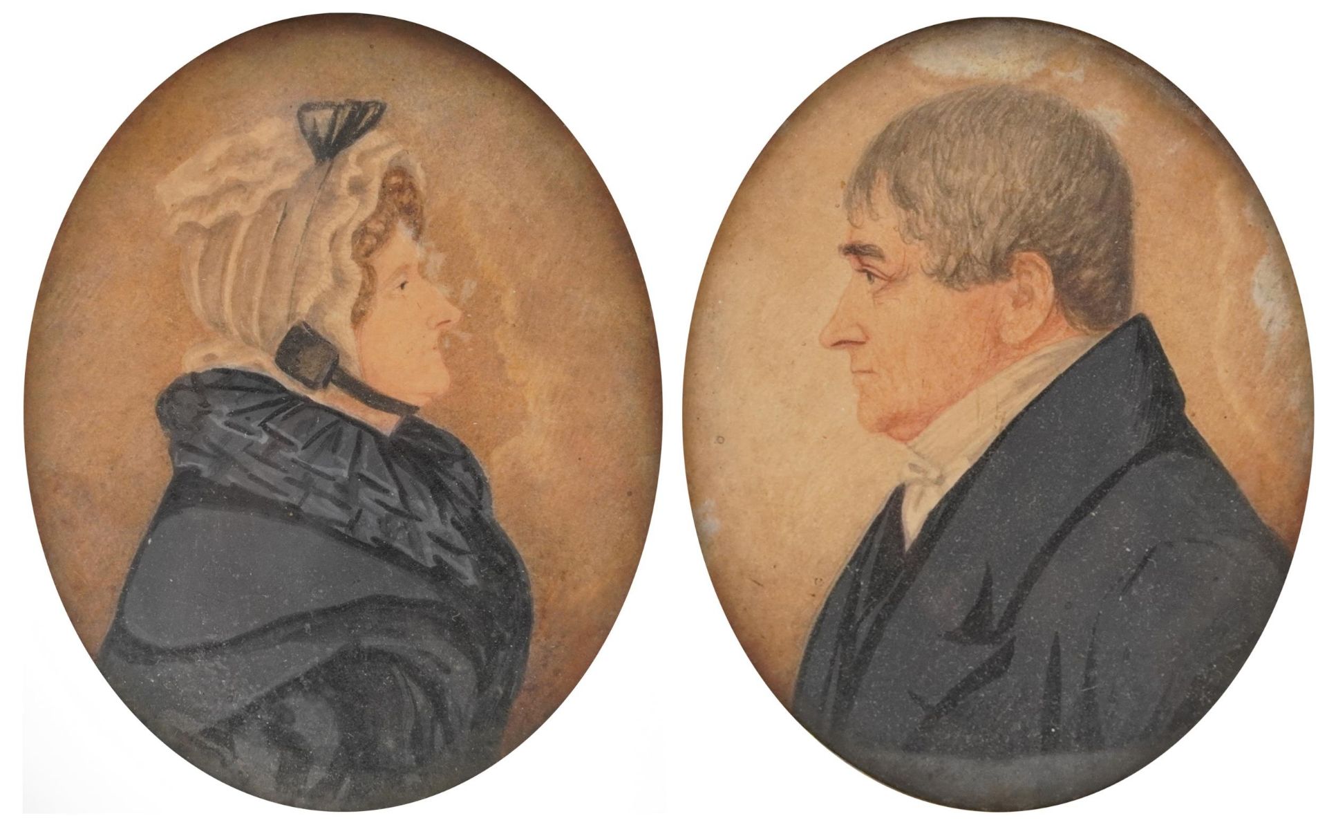 Pair of Georgian oval hand painted portrait miniatures of a male and female housed in ebonised - Image 2 of 10