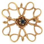 9ct gold openwork sapphire brooch, 2cm wide, 2.2g