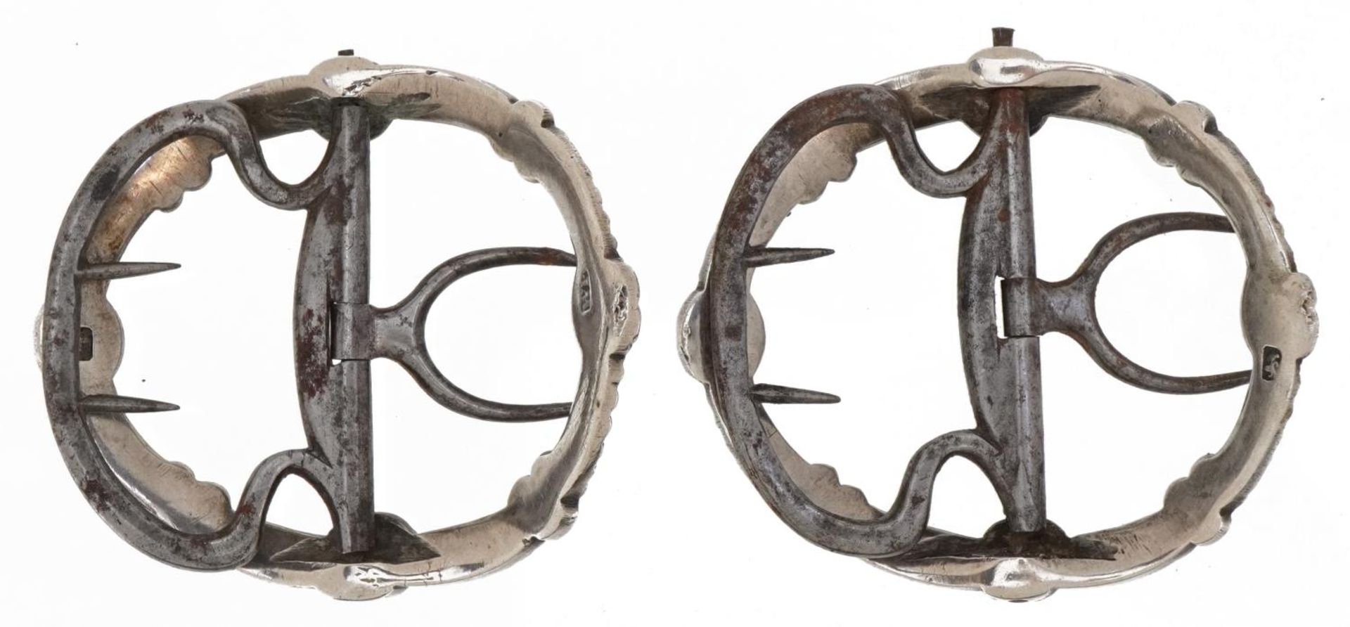 Two Georgian style silver and steel belt buckles cast with stylised flowers, incomplete hallmarks, - Image 2 of 4
