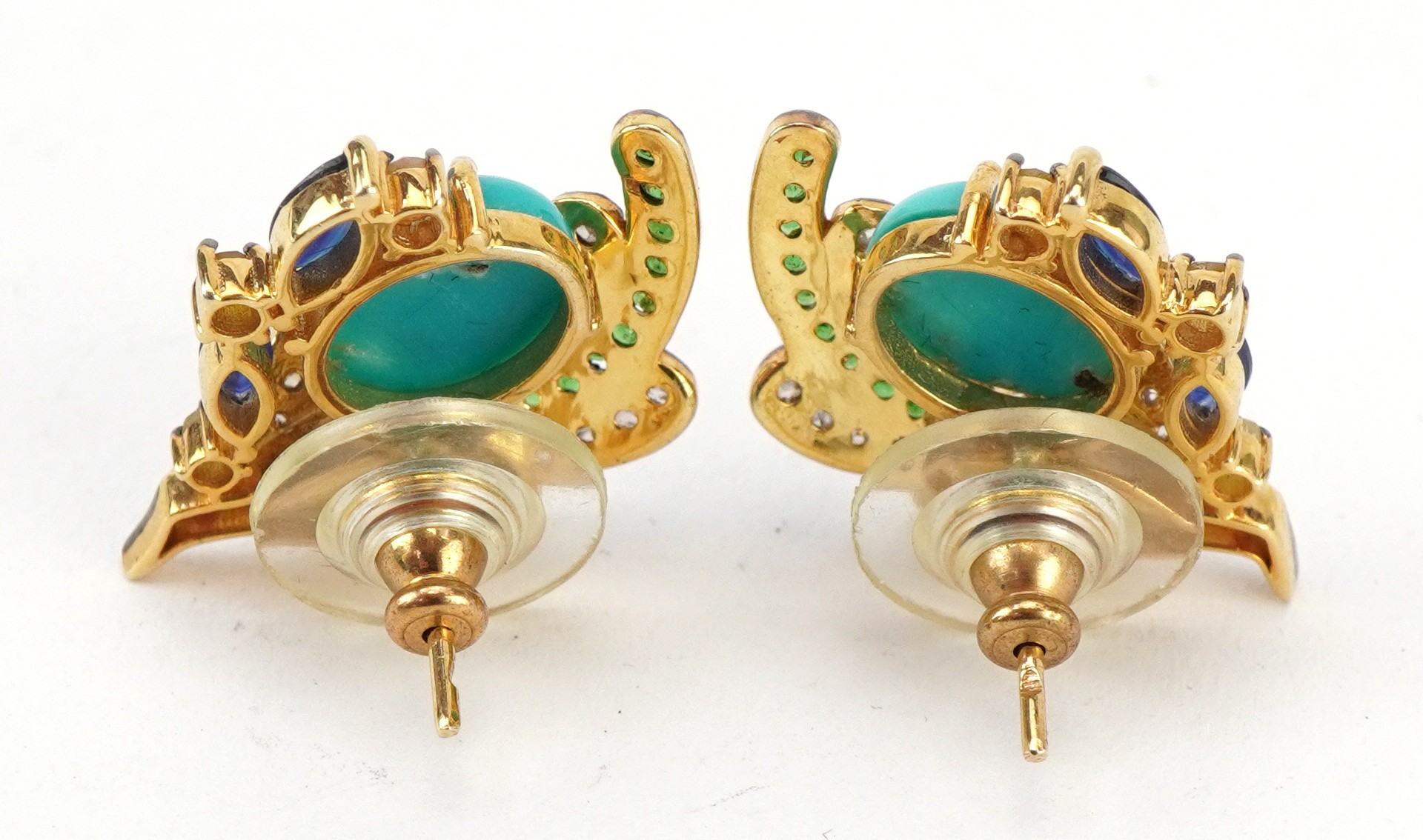 Pair of silver gilt bird of paradise stud earrings set with diamonds, emeralds, sapphires and - Image 2 of 4