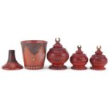 Turkish Tophane five piece calligraphy set including three pots and covers, impressed marks to the