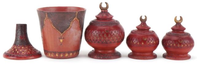 Turkish Tophane five piece calligraphy set including three pots and covers, impressed marks to the