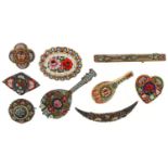 Nine vintage and later Italian micro mosaic brooches including two in the form of mandolins, the