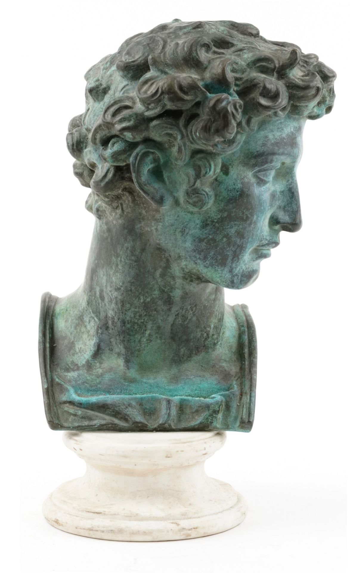 After the Antique, patinated bronze head of David of Michelangelo raised on a circular white - Bild 2 aus 7
