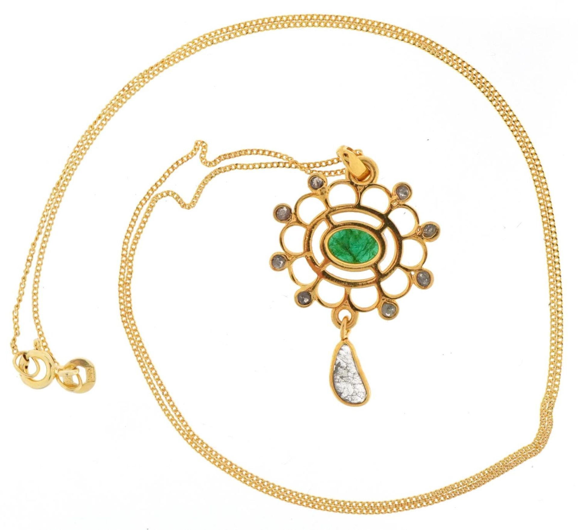 Yellow metal emerald and diamond openwork pendant on a silver gilt necklace, total diamond weight - Image 3 of 5