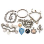 Antique and later silver and white metal jewellery including bracelet with love heart padlock,