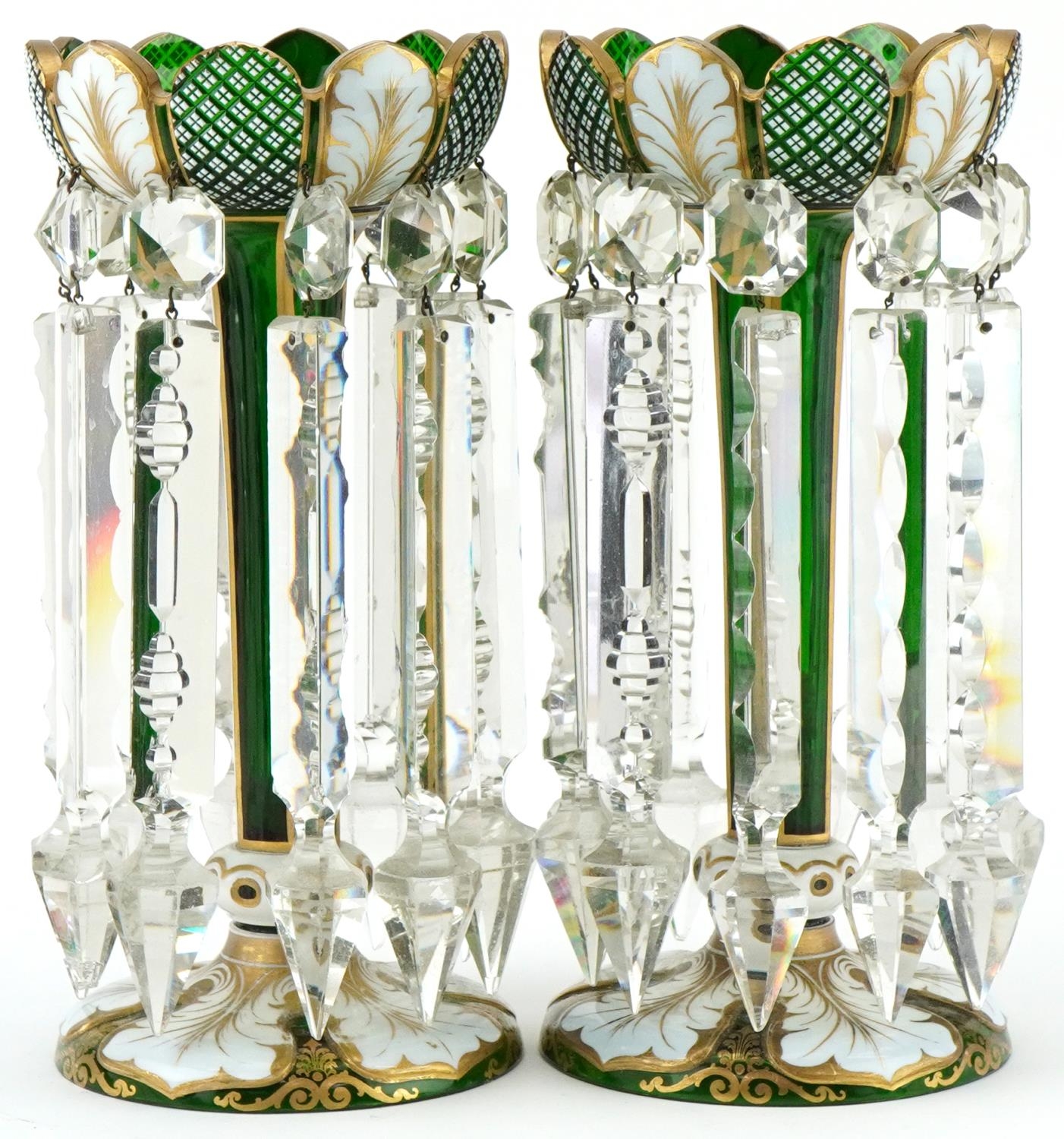 Pair of Victorian overlaid green glass lustres hand painted with leaves, having clear glass drops, - Image 2 of 4