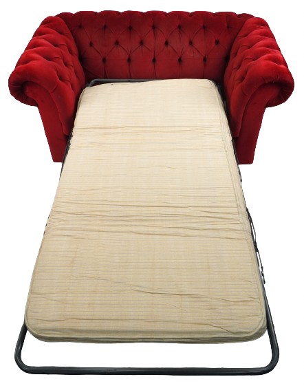 Chesterfield two seater settee/sofa bed with red button back upholstery, 73cm H x 152cm W x 88cm D - Image 3 of 4