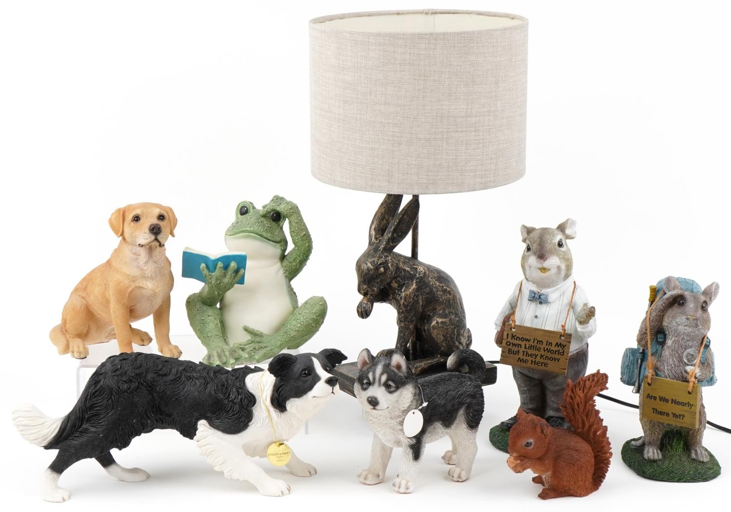 Decorative model animals including a bronzed hare design lamp and a Leonardo Collection Border