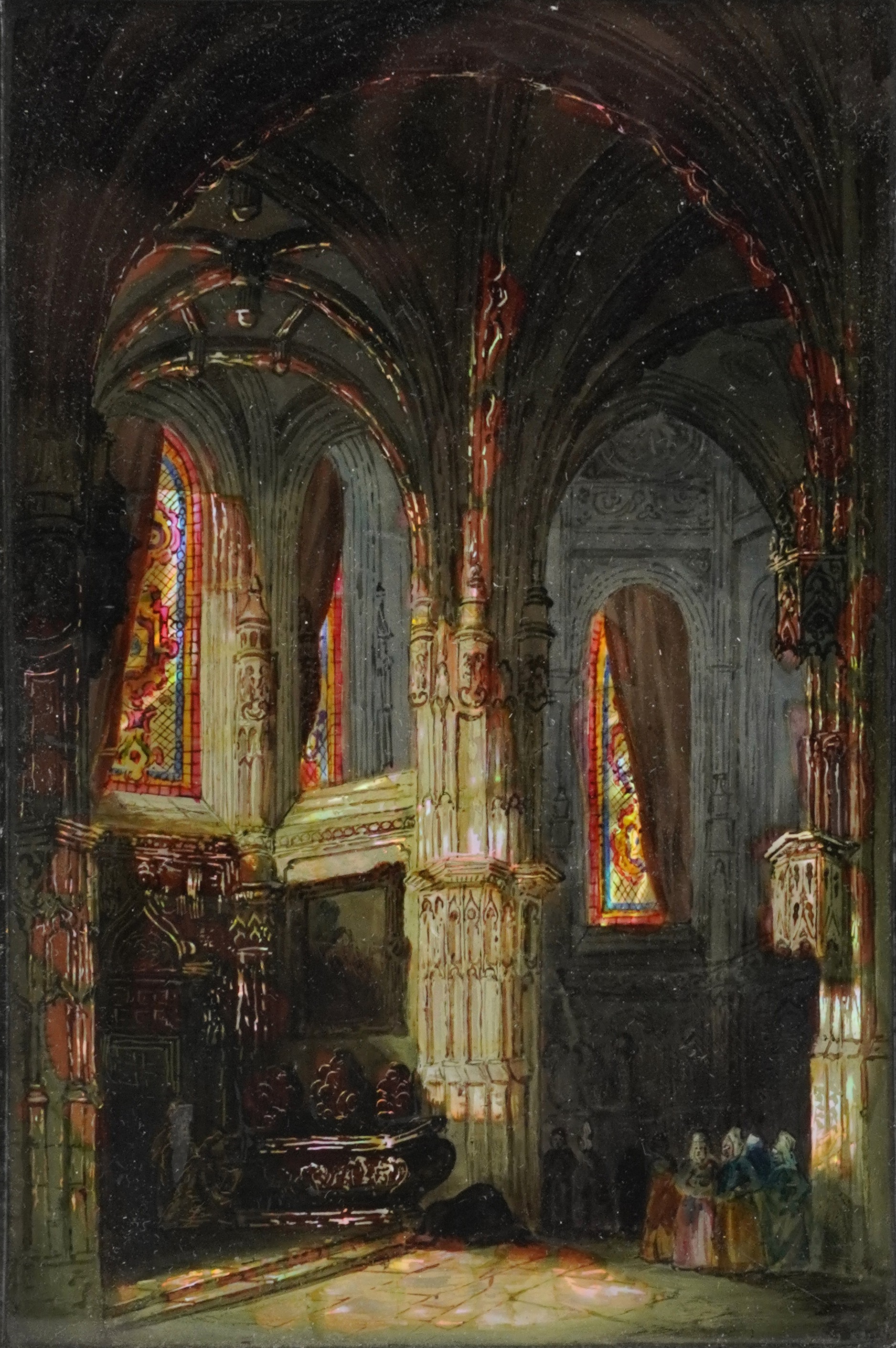 19th century artists folio, the cover a reverse painting onto glass of a church interior possibly - Image 2 of 5