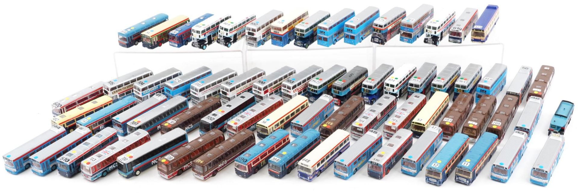 Large collection of diecast model buses, predominantly Corgi and Exclusive First Editions