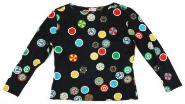 Vintage ladies Gucci blouse decorated with stylised colourful roundels, size Medium